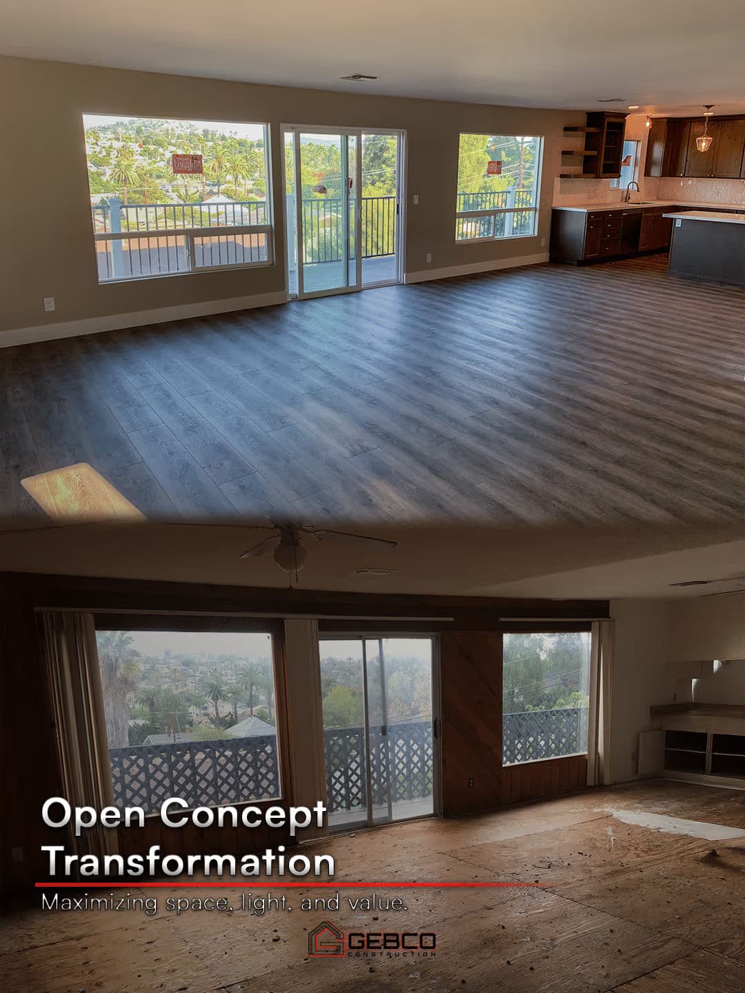 Open concept home transformation showcasing spacious, light-filled living area before and after.