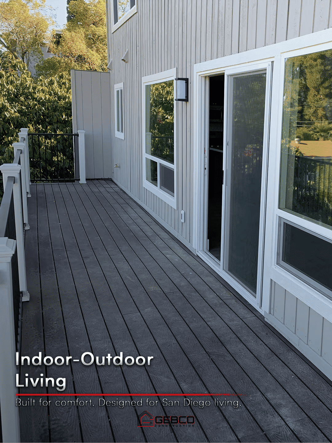 Spacious outdoor deck for indoor-outdoor living in San Diego, designed for comfort.